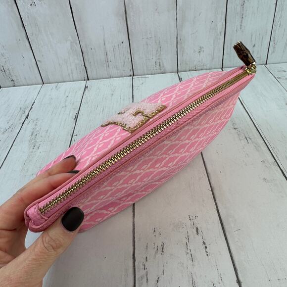 J. McLaughlin Pink Initial "H" Makeup Bag Gold Leather Zipper - Picture 4 of 14